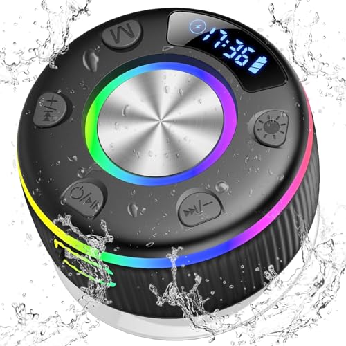 xinwld Bluetooth Shower Speaker, Portable Bluetooth 5.3 Speakers Wireless with Time Display, IP7 Waterproof, RGB Lights, Suction Cup, Mini Speaker for Bathroom Party Outdoor, Black