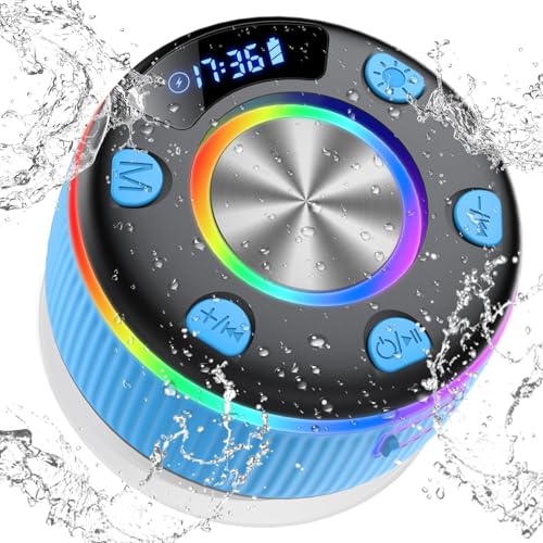 xinwld Bluetooth Shower Speaker, Portable Bluetooth 5.3 Speakers Wireless with Time Display, IP7 Waterproof Mini Speaker with RGB Lights, Stereo Bass, Suction Cup, for Bathroom Party Travel Outdoor