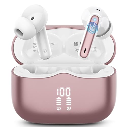 xinwld Wireless Earbuds, Bluetooth 5.4 Headphones in Ear with 4 ENC Noise Cancelling Mic, New Wireless Earphones HiFi Stereo Deep Bass 40H Playtime, In-Ear Bluetooth Earbuds LED Display IP7, USB-C, Rose Gold